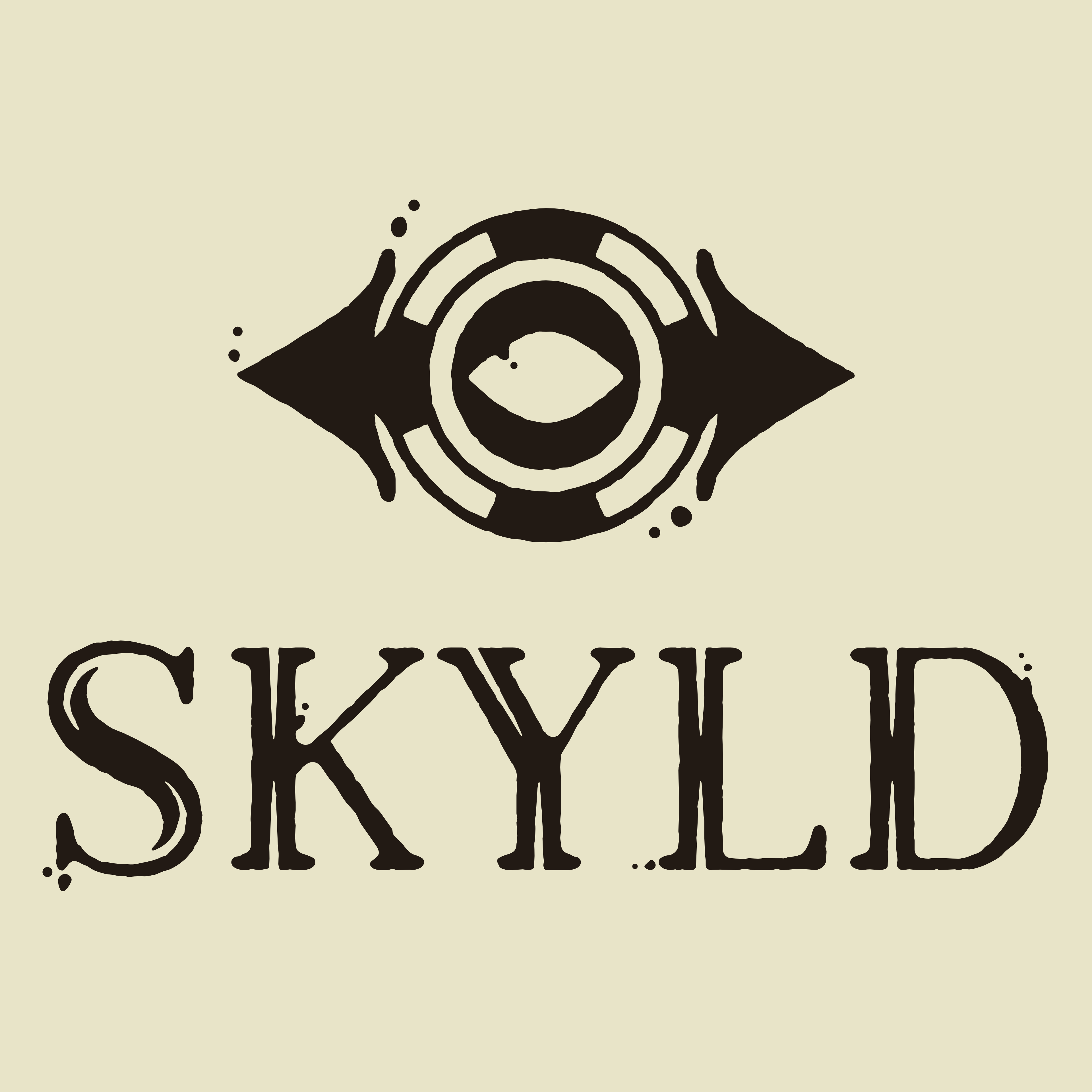 Rough logo in inky black on off-white. The text is in a bold rounded serif style with pointed lines down their thickest legs, it reads 'SKYLD.'

                        Above the text is a logo that depicts a poker chip with an eye in the center, and two arrows on either side.